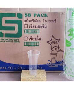แก้วพลาสติก แก้ว 16 ออนซ์ ปาก 90 mm. เรียบใส ยี่ห้อSB ยกลัง 1,000 ใบ