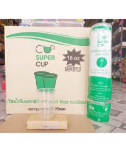 แก้วพลาสติก แก้ว 16 ออนซ์ ปาก 95 mm. เรียบใส ยี่ห้อ SUPERCUP (ยกลัง) 1,000 ใบ