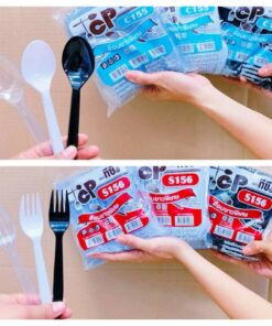 ช้อน - ส้อม พลาสติก ยาวพิเศษ ดำ - ขาว -ใส ยี่ห้อTC ยกมัด 20 แพค